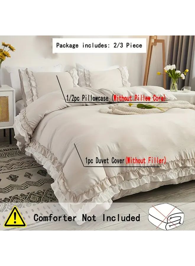 Queen Size Duvet Cover Set White Camel Polyester Ruffle Bedding Boho Style - Image 2